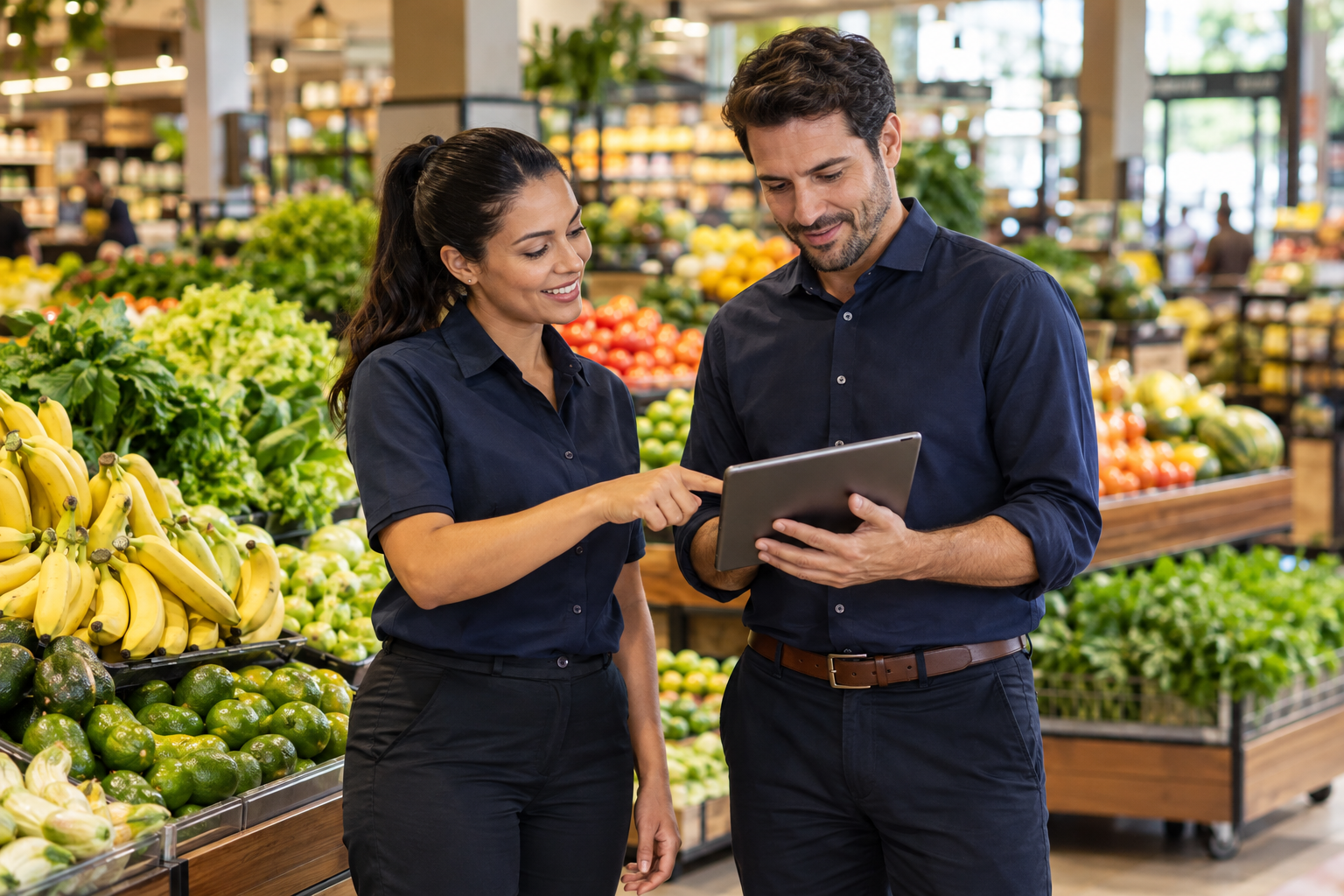 Cena ilustrativa de uma equipe analisando a operação de um supermercado
